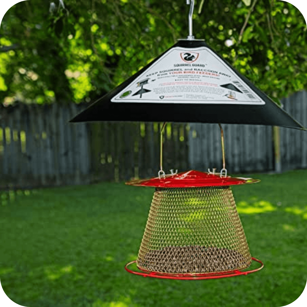 Predator Guard squirrel guard collapsible hanging mesh wild bird feeder with squirrel guard metal baffle in backyard